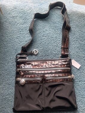 Black Women’s Crossbody Bag with Croc-Embossed Trim